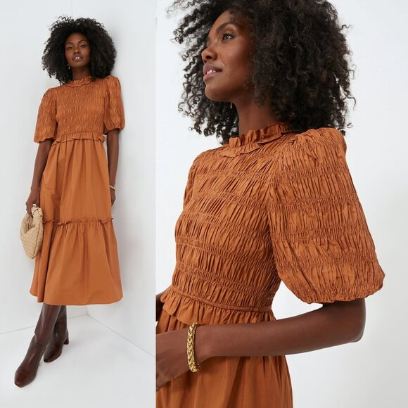 Tuckernuck Dresses & Skirts - NWT Moon River Caramel Bubble Sleeve Smocked Midi Dress Puff Sleeve Size M